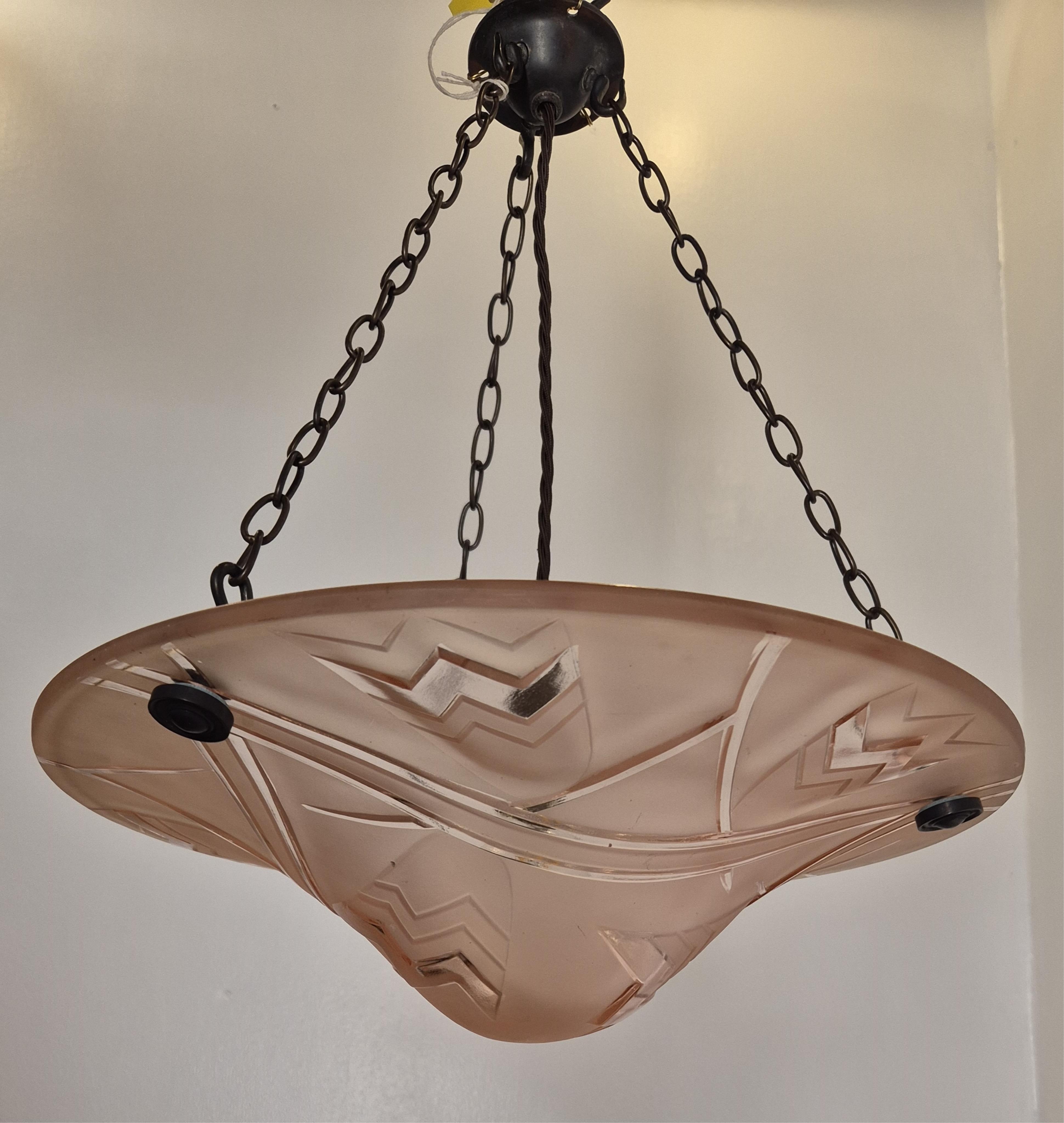 A French pink glass plaffonier ceiling lamp signed “Degue” with antique brass fitting, circa 1920’s–1930’s, wired, glass 38cm diameter, 12cm deep. Condition - good, not tested